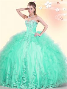 Customized Apple Green Sleeveless Beading and Appliques and Ruffles Floor Length 15th Birthday Dress