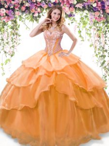 Orange Ball Gowns Organza Sweetheart Sleeveless Beading and Ruffled Layers Floor Length Lace Up Quince Ball Gowns