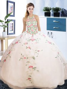 Best White Halter Top Lace Up Embroidery 15 Quinceanera Dress Sleeveless