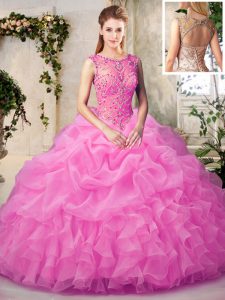 Scoop Rose Pink Ball Gowns Beading and Ruffles and Pick Ups Quince Ball Gowns Lace Up Organza Sleeveless Floor Length
