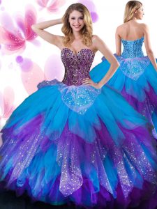 Free and Easy Sleeveless Tulle Floor Length Lace Up 15 Quinceanera Dress in Multi-color with Beading and Ruffled Layers