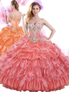 Beading and Ruffled Layers and Pick Ups Quinceanera Dress Watermelon Red Lace Up Sleeveless Floor Length