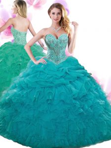 Floor Length Lace Up Sweet 16 Dress Teal for Military Ball and Sweet 16 and Quinceanera with Beading and Ruffles and Pick Ups