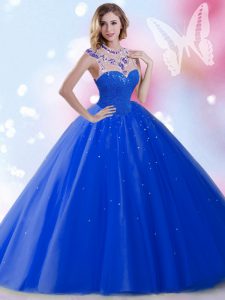 Sleeveless Floor Length Beading and Sequins Zipper Ball Gown Prom Dress with Royal Blue
