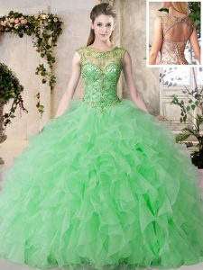 Discount Green Scoop Lace Up Beading and Ruffles Quinceanera Dress Sleeveless