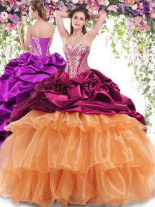 Spectacular Sleeveless Brush Train Lace Up With Train Beading and Ruffled Layers and Pick Ups Ball Gown Prom Dress