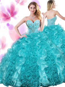 Teal Ball Gowns Sweetheart Sleeveless Organza Floor Length Lace Up Beading and Ruffles Quince Ball Gowns