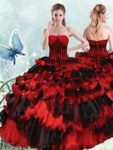Organza Strapless Sleeveless Lace Up Appliques and Ruffled Layers 15th Birthday Dress in Red And Black