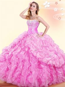 Custom Made Rose Pink Sleeveless Beading and Ruffles and Pick Ups Floor Length Quinceanera Gown