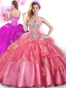 Floor Length Lace Up Sweet 16 Dresses Coral Red for Military Ball and Sweet 16 and Quinceanera with Beading and Appliques