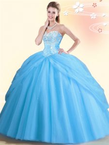 Aqua Blue Lace Up Sweetheart Beading Ball Gown Prom Dress Tulle Sleeveless