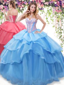 Most Popular Baby Blue Ball Gowns Beading and Ruffled Layers Quinceanera Dress Lace Up Organza Sleeveless Floor Length