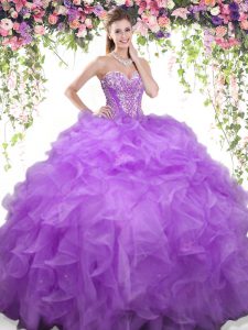 Exceptional Lavender Lace Up Sweetheart Beading and Ruffles Quinceanera Gown Organza Sleeveless