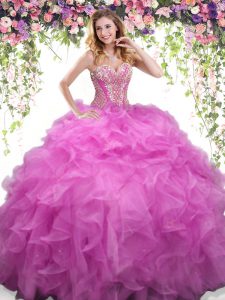 Lilac Organza Lace Up Quinceanera Gowns Sleeveless Floor Length Beading and Ruffles