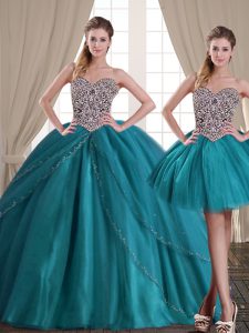 Custom Fit Three Piece Sleeveless Brush Train Beading Lace Up Quince Ball Gowns
