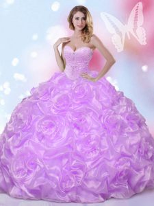 Suitable Lavender Ball Gowns Fabric With Rolling Flowers Sweetheart Sleeveless Beading Floor Length Lace Up Sweet 16 Dresses
