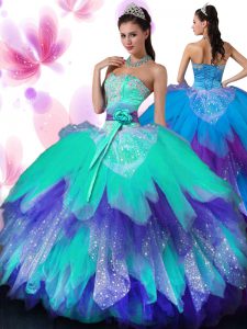Flirting Sweetheart Sleeveless Tulle Vestidos de Quinceanera Appliques and Ruffled Layers and Hand Made Flower Lace Up