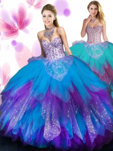 Graceful Ruffled Ball Gowns 15th Birthday Dress Multi-color Sweetheart Tulle Sleeveless Floor Length Lace Up