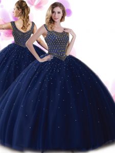Scoop Tulle Sleeveless Floor Length 15 Quinceanera Dress and Beading
