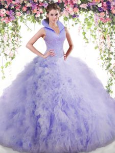 Custom Fit Backless High-neck Sleeveless Sweet 16 Quinceanera Dress Floor Length Beading and Ruffles Lavender Tulle
