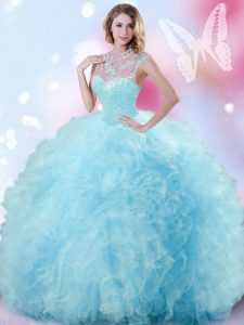 Customized Light Blue High-neck Zipper Beading and Ruffles and Pick Ups Quinceanera Gowns Sleeveless