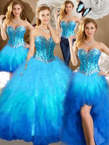 Four Piece Tulle Sleeveless Floor Length Quinceanera Gowns and Beading and Ruffles and Sequins