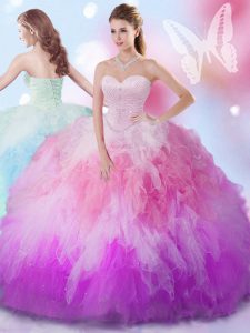 Modest Multi-color Tulle Lace Up Quinceanera Gowns Sleeveless Floor Length Beading and Ruffles
