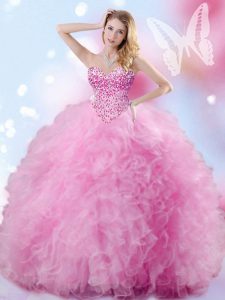 Floor Length Ball Gowns Sleeveless Rose Pink 15th Birthday Dress Lace Up