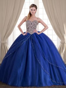 With Train Lace Up Vestidos de Quinceanera Royal Blue for Military Ball and Sweet 16 and Quinceanera with Beading Brush Train