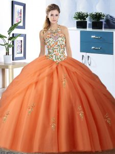 Dramatic Pick Ups Halter Top Sleeveless Lace Up Quinceanera Dress Orange Tulle