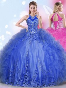 Halter Top Floor Length Lace Up Quince Ball Gowns Royal Blue for Military Ball and Sweet 16 and Quinceanera with Appliques and Ruffles