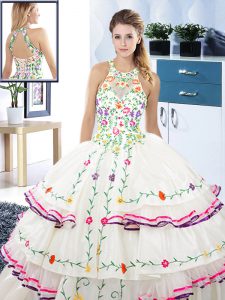 Halter Top White Sleeveless Floor Length Embroidery and Ruffled Layers Lace Up Sweet 16 Quinceanera Dress