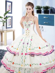 Super Scoop Floor Length Lace Up Quinceanera Dresses White for Military Ball and Sweet 16 and Quinceanera with Beading and Embroidery and Ruffled Layers