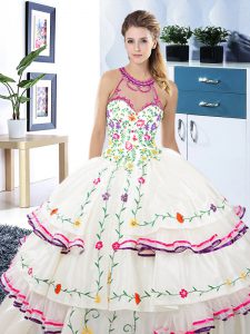 Noble Halter Top Floor Length Lace Up Sweet 16 Dress White for Military Ball and Sweet 16 and Quinceanera with Embroidery and Ruffled Layers
