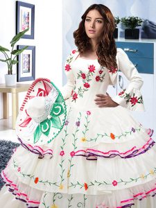 Floor Length Lace Up Sweet 16 Quinceanera Dress White for Military Ball and Sweet 16 and Quinceanera with Embroidery and Ruffled Layers