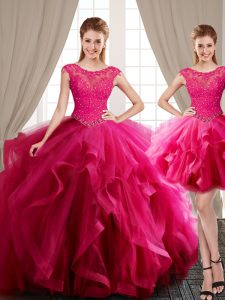 Excellent Three Piece Scoop With Train Ball Gowns Cap Sleeves Hot Pink Sweet 16 Quinceanera Dress Brush Train Lace Up