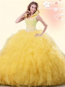 New Arrival Yellow Tulle Backless Sweet 16 Quinceanera Dress Sleeveless Floor Length Beading and Ruffles