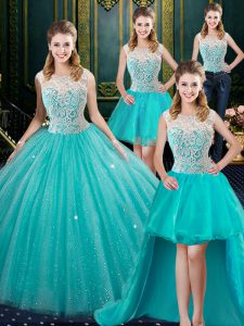 Custom Made Four Piece Sleeveless Lace Zipper Sweet 16 Dresses