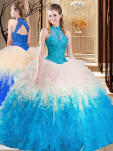 Deluxe Backless Multi-color Sleeveless Lace and Appliques and Ruffles Floor Length Quinceanera Dresses