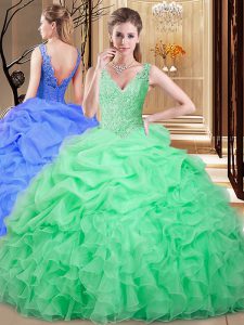 Pick Ups Apple Green Sleeveless Organza Backless Quince Ball Gowns for Military Ball and Sweet 16 and Quinceanera