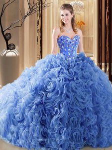 Eye-catching Sweetheart Sleeveless Organza and Fabric With Rolling Flowers 15th Birthday Dress Embroidery and Ruffles Court Train Lace Up