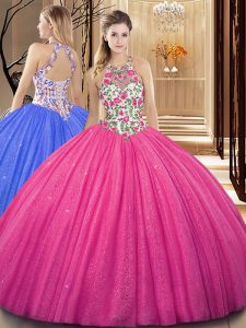 Scoop Sleeveless Tulle Floor Length Backless 15th Birthday Dress in Hot Pink with Embroidery and Sequins