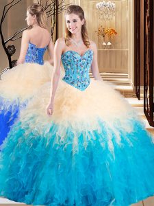 Modest Embroidery and Ruffles Quince Ball Gowns Multi-color Lace Up Sleeveless Floor Length