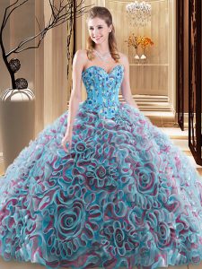 Multi-color Ball Gowns Fabric With Rolling Flowers Sweetheart Sleeveless Embroidery and Ruffles With Train Lace Up Quince Ball Gowns Brush Train