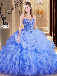 Lavender Organza Lace Up Vestidos de Quinceanera Sleeveless Brush Train Embroidery and Ruffles and Pick Ups