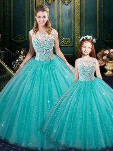 Fashionable Turquoise Zipper Sweet 16 Dress Lace Sleeveless Floor Length