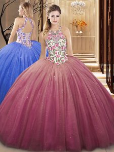 Lovely Burgundy High-neck Lace Up Lace and Appliques Quinceanera Dress Sleeveless