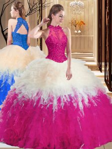 Top Selling Multi-color Ball Gowns Tulle High-neck Sleeveless Lace and Appliques and Ruffles Floor Length Backless Sweet 16 Dress