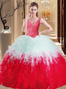 Affordable White And Red Quinceanera Gown Military Ball and Sweet 16 and Quinceanera with Lace and Appliques and Ruffles V-neck Sleeveless Zipper
