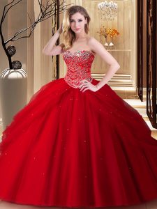 Dramatic Red Tulle Lace Up Sweetheart Sleeveless Floor Length Quinceanera Dresses Beading